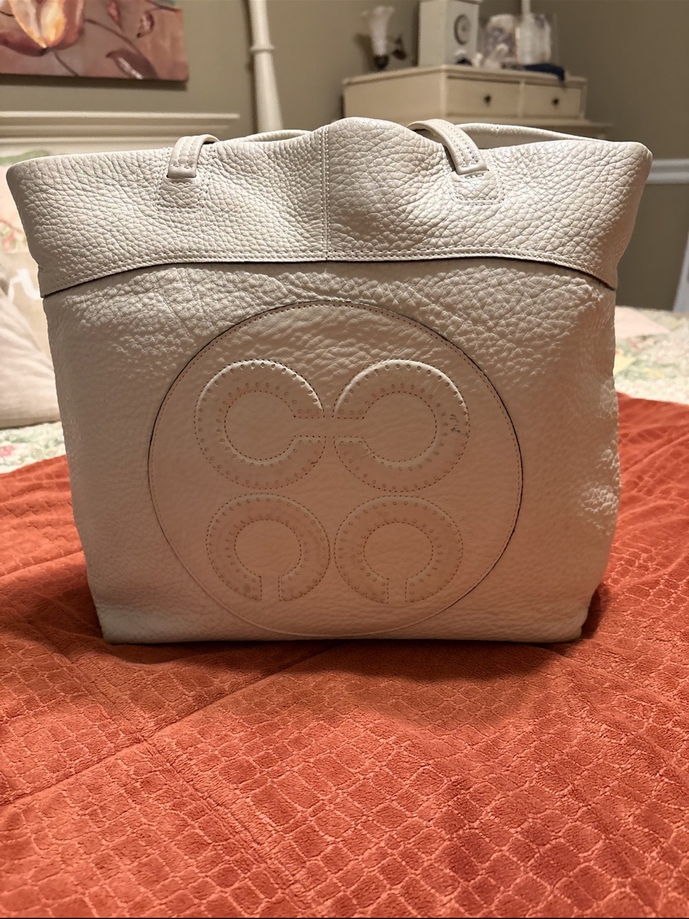 Coach Cream Pebbled Leather Tote with Signature Medallion